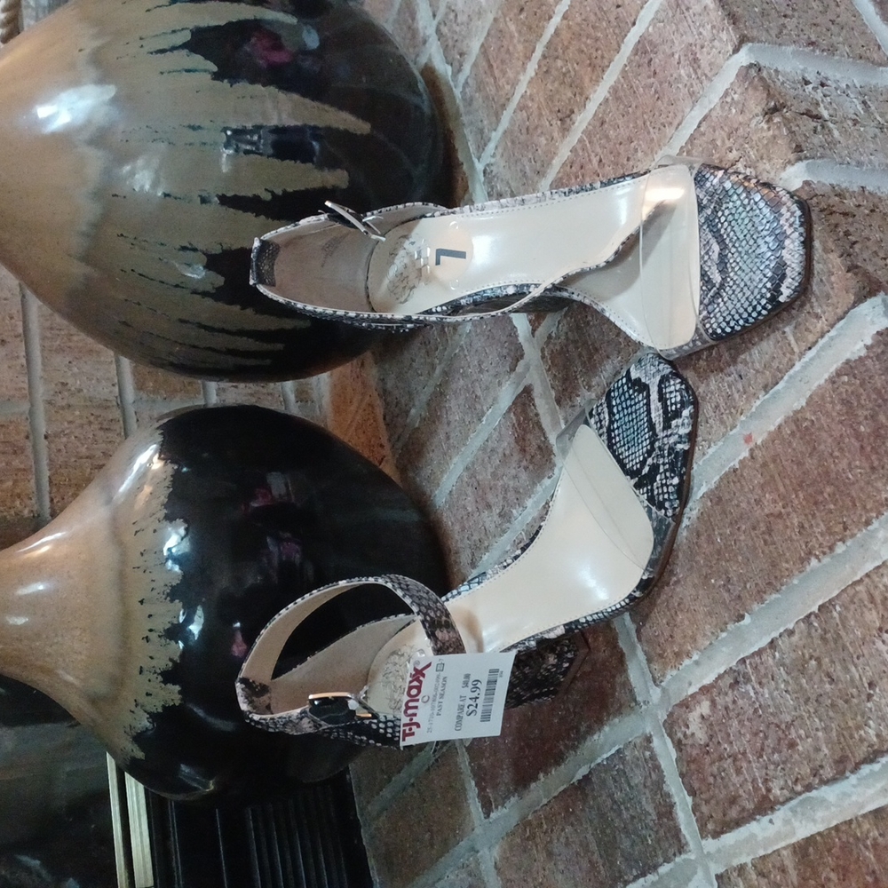 Snake print ankle strap block heels